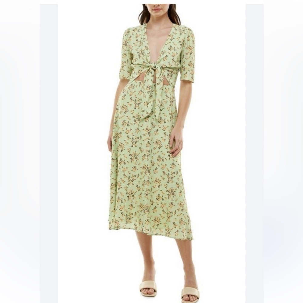 Wayf Green Floral Wrap Dress cutout floral ditzy front